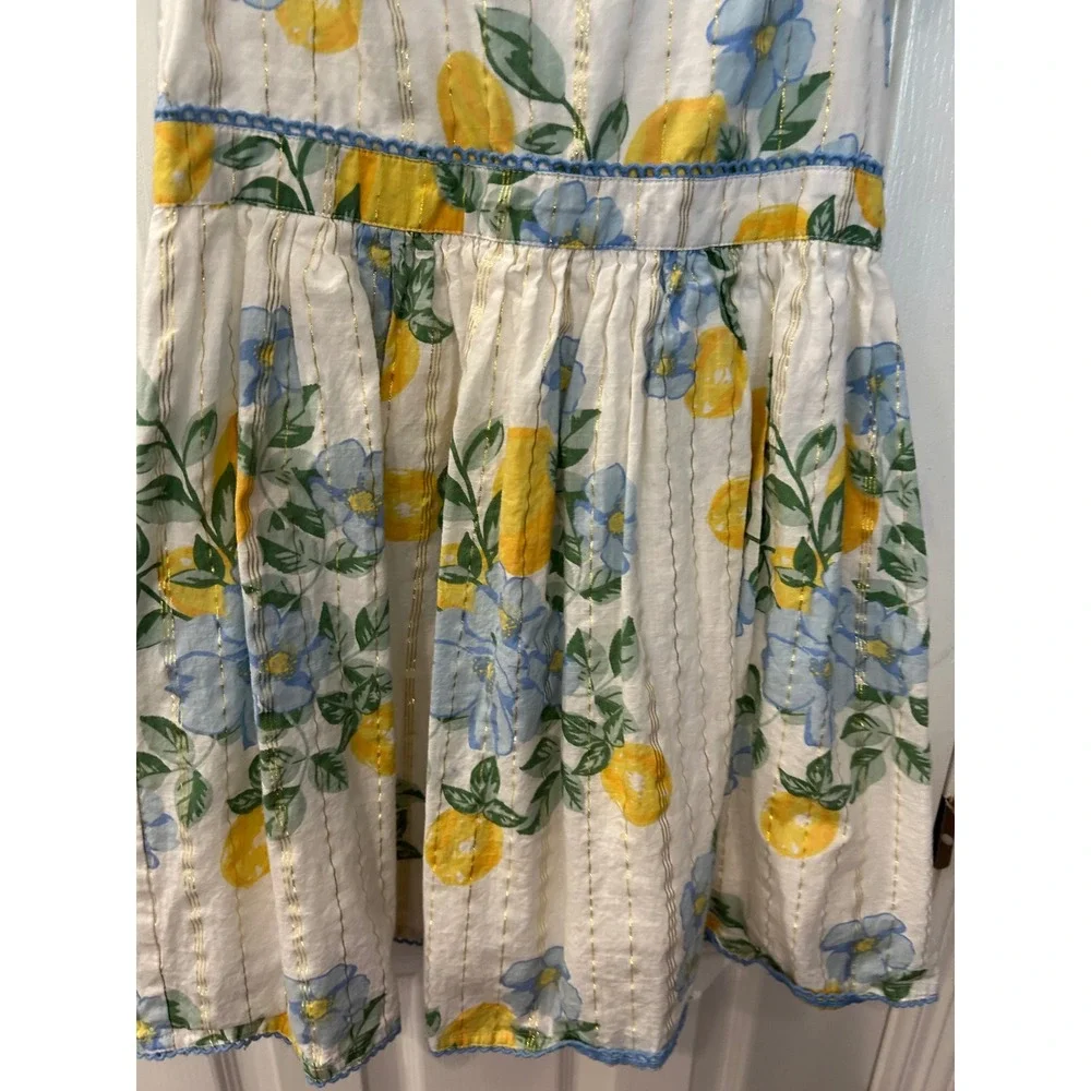 Rachel Zoe Dress White Lemon Floral Gold Metallic‎ Stripe Flutter Sleeve Bin A